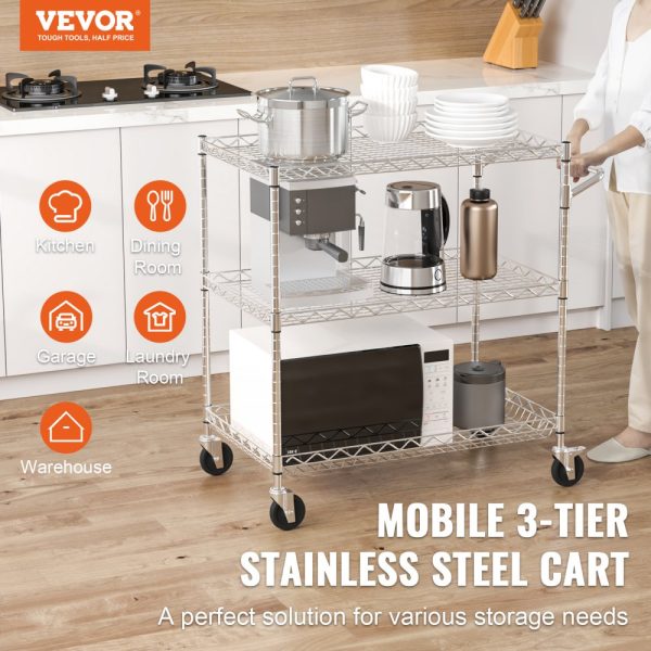 3-Tier Utility Cart Rolling Cart on Wheels 30"x18"x32.4" 661 LBS 6 Hooks - Image 2