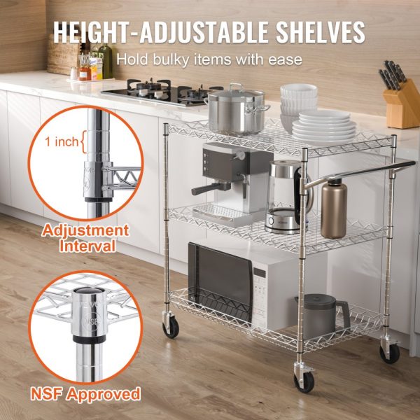 3-Tier Utility Cart Rolling Cart on Wheels 30"x18"x32.4" 661 LBS 6 Hooks - Image 4