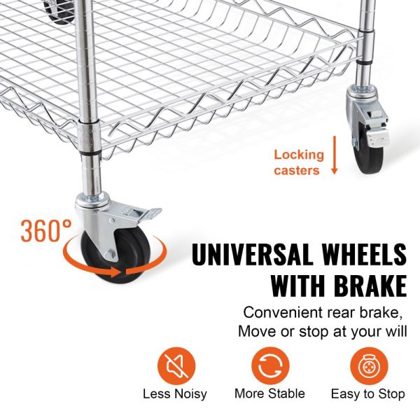 3-Tier Utility Cart Rolling Cart on Wheels 30"x18"x32.4" 661 LBS 6 Hooks - Image 5