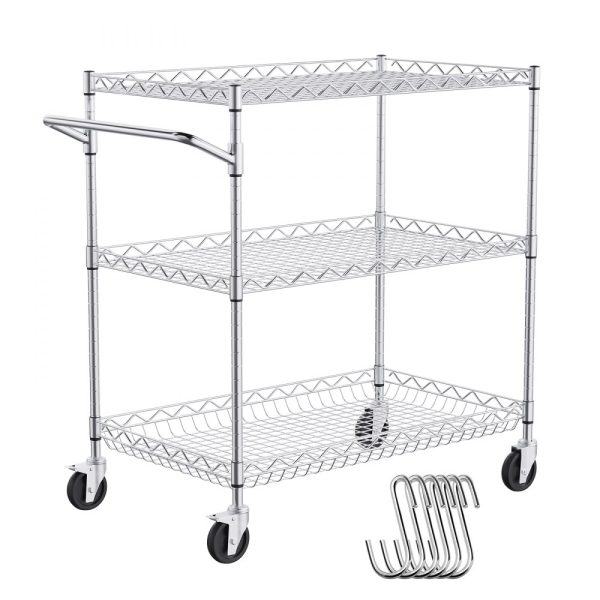 3-Tier Utility Cart Rolling Cart on Wheels 30"x18"x32.4" 661 LBS 6 Hooks