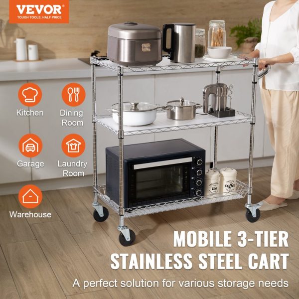 3-Tier Utility Cart Rolling Cart on Wheels 40.5"x17.7"x40.9" 661 LBS 6 Hooks - Image 2