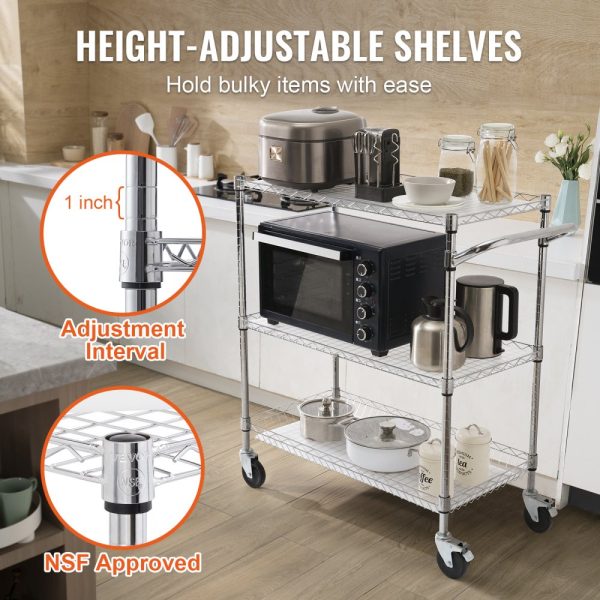 3-Tier Utility Cart Rolling Cart on Wheels 40.5"x17.7"x40.9" 661 LBS 6 Hooks - Image 4