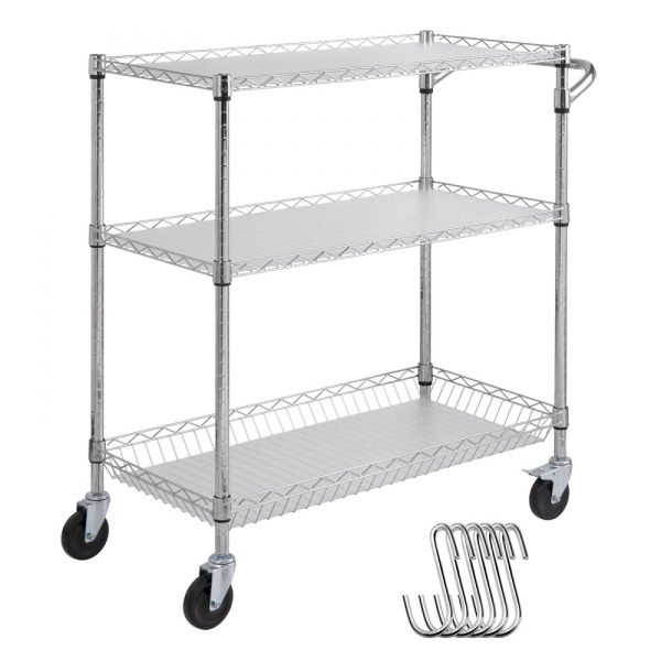 3-Tier Utility Cart Rolling Cart on Wheels 40.5"x17.7"x40.9" 661 LBS 6 Hooks
