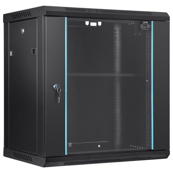 12U Wall Mount Server Cabinet 15.5 Deep 200 lbs Ground Load Capacity Locking Glass Door Panels for IT and AV Equipment