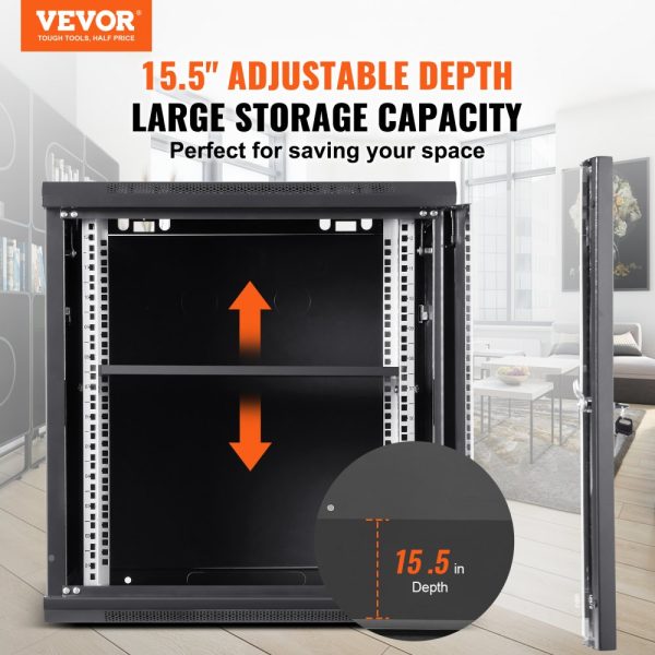 9U Wall Mount Server Rack Cabinet, 15.5 Deep, 200 lbs Ground Load Capacity, Locking Glass Door Panels, IT & AV Equipment Storage - Image 2