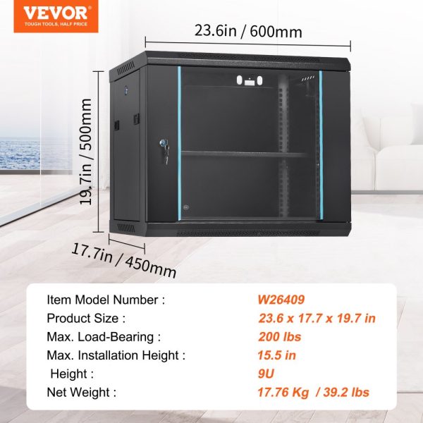 9U Wall Mount Server Rack Cabinet, 15.5 Deep, 200 lbs Ground Load Capacity, Locking Glass Door Panels, IT & AV Equipment Storage - Image 7