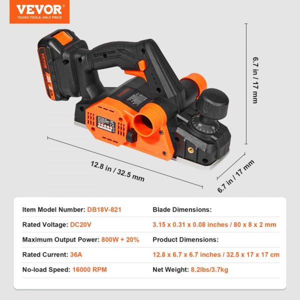 Cordless Electric Hand Planer 3-1/4 inch 16000 RPM Battery Included Adjustable Depth 5/64 inch HSS Blades Dual Dust Outlet for Woodworking Surface Smoothing - Image 7