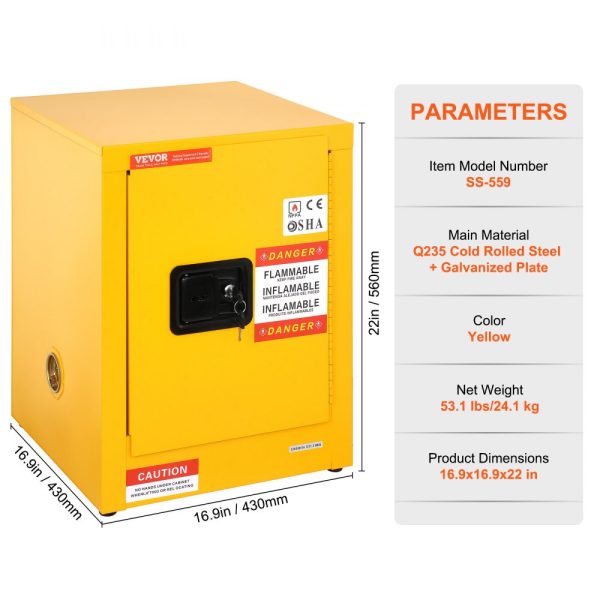 16.9 x 16.9 x 22 Flammable Storage Cabinet - Galvanized Steel, Adjustable Shelf, Commercial, Industrial & Home Use - Image 3