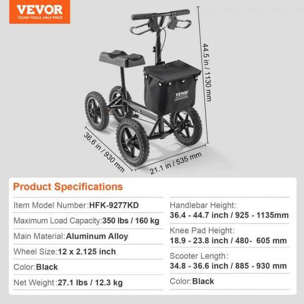 Aluminum Folding Knee Walker with Height-Adjustable Handlebar and Knee Pad, 12 All-Terrain Wheels, Dual Brakes, 350LBS Capacity, Ideal for Leg Recovery - Image 7