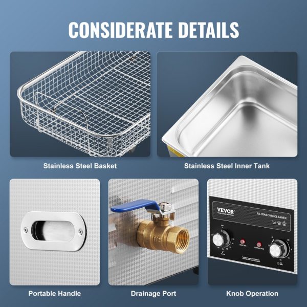 22L Ultrasonic Cleaner with Heater Timer and Stainless Steel Construction, 600W, Degas & Gentle Modes, Knob Control for Machine Parts and Auto Tool Cleaning - Image 5