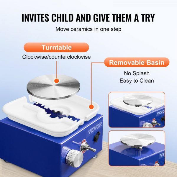 Mini Pottery Wheel for Kids & Beginners with 2 Speeds, 2.6/3.9 Ceramic Wheel, Adjustable 0-300 RPM, ABS Detachable Basin, 17 Accessories, DIY Craft Art Kit, Blue - Image 3