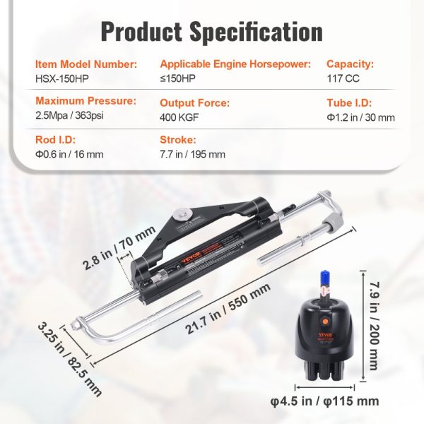 Hydraulic Outboard Steering Kit for Marine Boat Systems with Two-Way Lock Cylinder, 150HP Pump, and High-Strength Nylon Hose for Single Station, Single Engine - Image 7