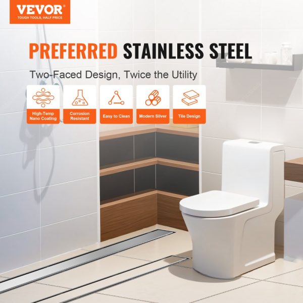 36 Inch Linear Shower Drain with Tile Insert Cover Brushed 304 Stainless Steel Rectangle Design With Leveling Feet Silver Hair Strainer - Image 2