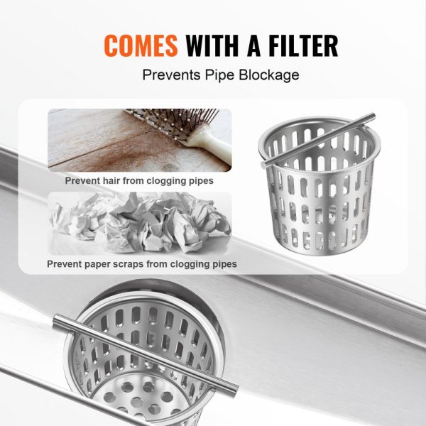 36 Inch Linear Shower Drain with Tile Insert Cover Brushed 304 Stainless Steel Rectangle Design With Leveling Feet Silver Hair Strainer - Image 4