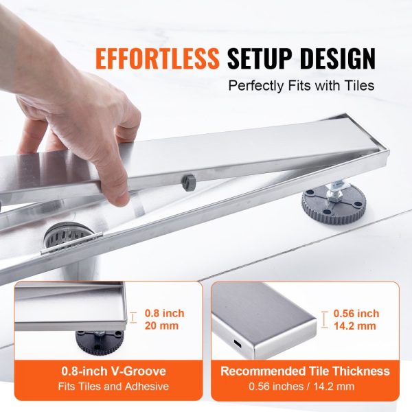 36 Inch Linear Shower Drain with Tile Insert Cover Brushed 304 Stainless Steel Rectangle Design With Leveling Feet Silver Hair Strainer - Image 5