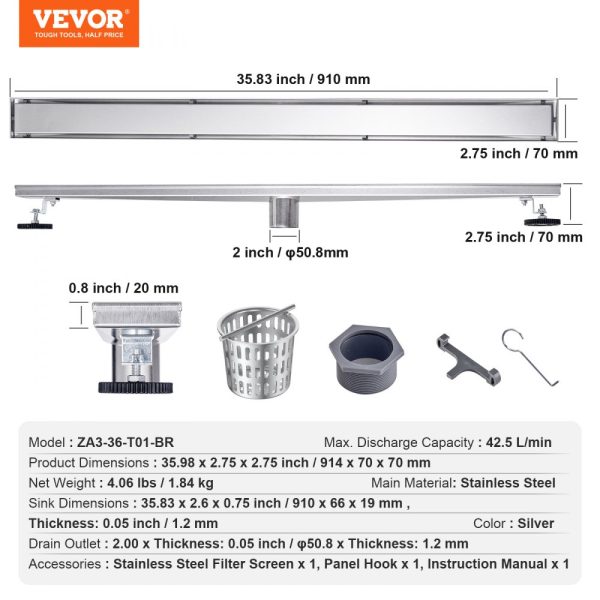 36 Inch Linear Shower Drain with Tile Insert Cover Brushed 304 Stainless Steel Rectangle Design With Leveling Feet Silver Hair Strainer - Image 7