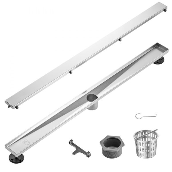 36 Inch Linear Shower Drain with Tile Insert Cover Brushed 304 Stainless Steel Rectangle Design With Leveling Feet Silver Hair Strainer