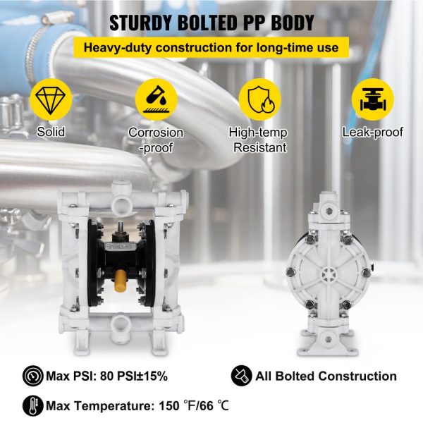 Air-Operated Double Diaphragm Pump 1/2 In Polypropylene Body 2.5 GPM 80 PSI PTFE Diaphragm for Petroleum Transfer - Image 3