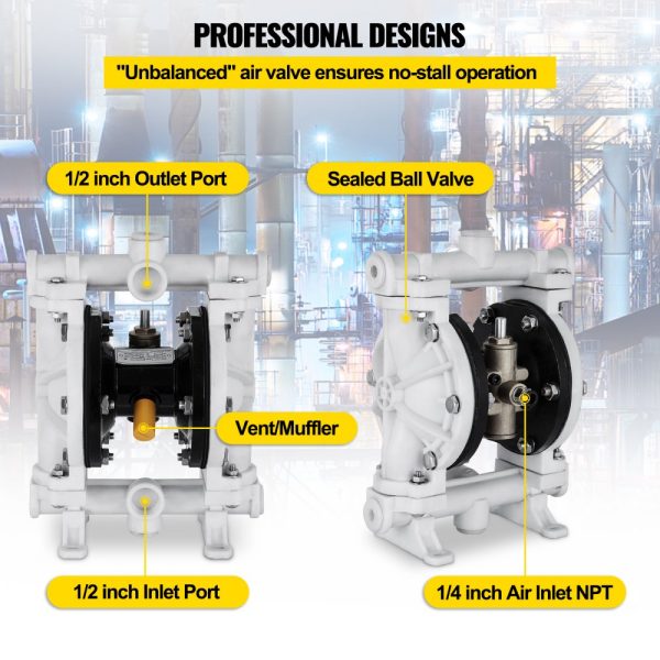 Air-Operated Double Diaphragm Pump 1/2 In Polypropylene Body 2.5 GPM 80 PSI PTFE Diaphragm for Petroleum Transfer - Image 5