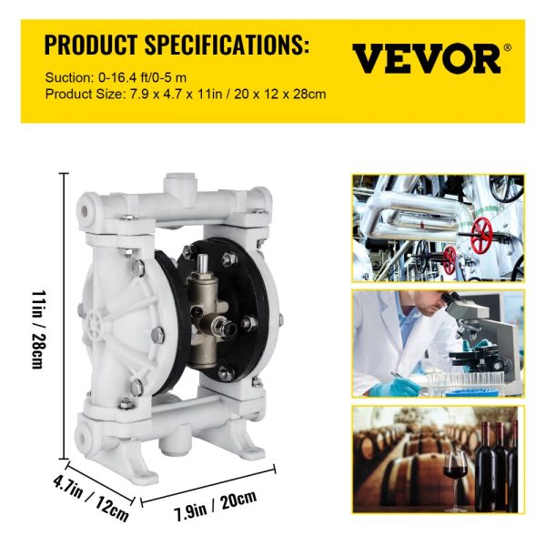 Air-Operated Double Diaphragm Pump 1/2 In Polypropylene Body 2.5 GPM 80 PSI PTFE Diaphragm for Petroleum Transfer - Image 7