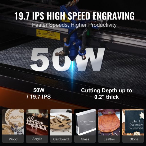 50W CO2 Laser Engraver Cutter 12x20-inch Bed 19.7 IPS Dual-Pass Air Assist for Windows Mac Linux Cutting Engraving Wood Acrylic Fabric - Image 3