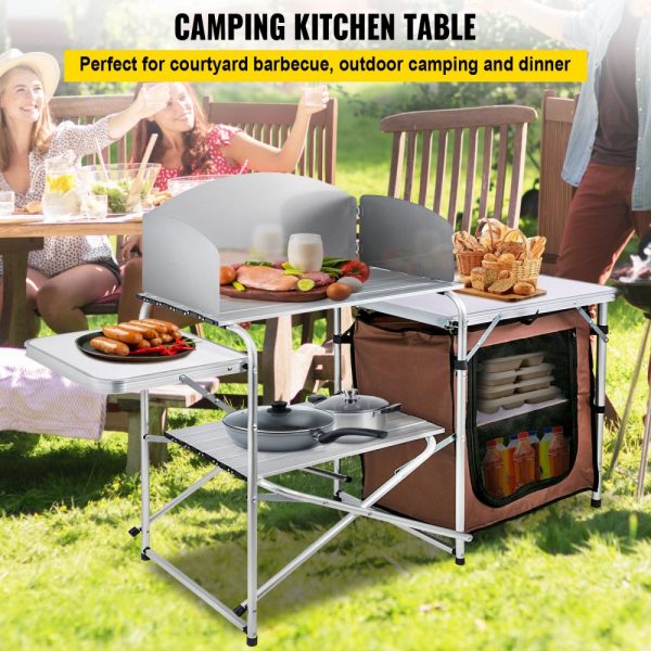 Camping Kitchen Table Picnic Cabinet Folding Cooking Storage Rack Portable Brown - Image 2