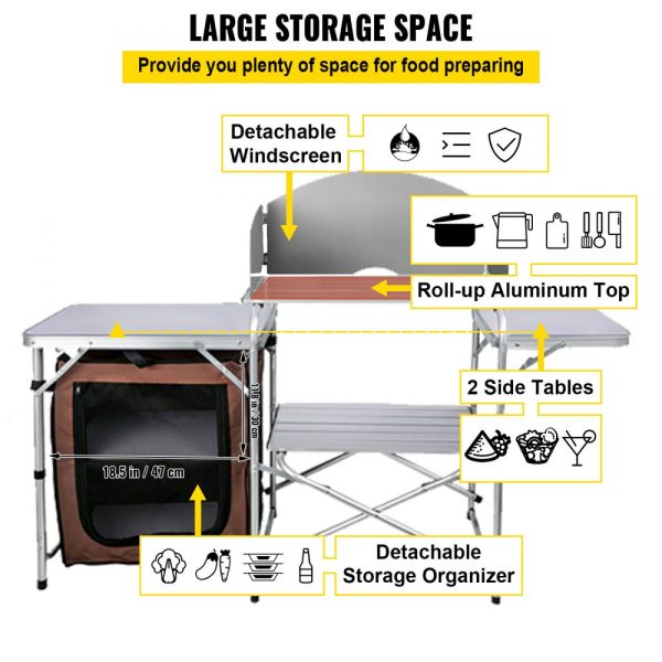 Camping Kitchen Table Picnic Cabinet Folding Cooking Storage Rack Portable Brown - Image 3