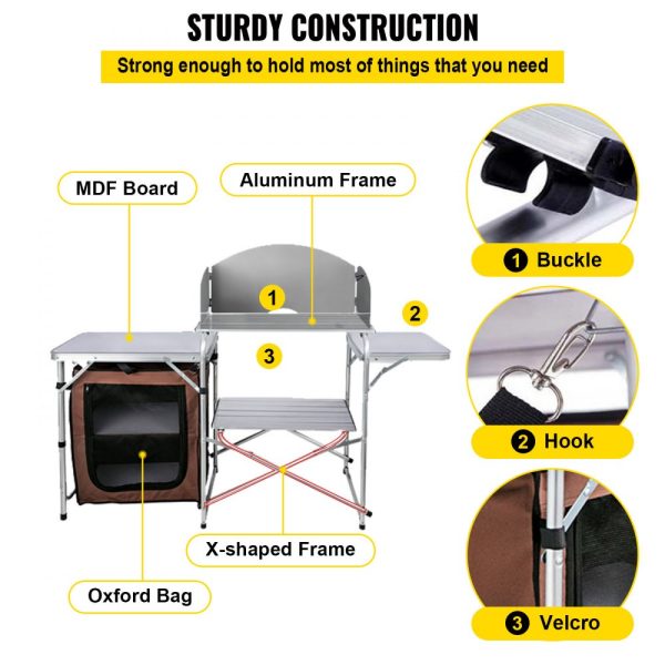 Camping Kitchen Table Picnic Cabinet Folding Cooking Storage Rack Portable Brown - Image 5