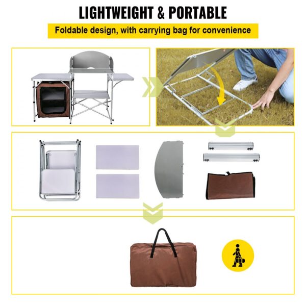 Camping Kitchen Table Picnic Cabinet Folding Cooking Storage Rack Portable Brown - Image 6