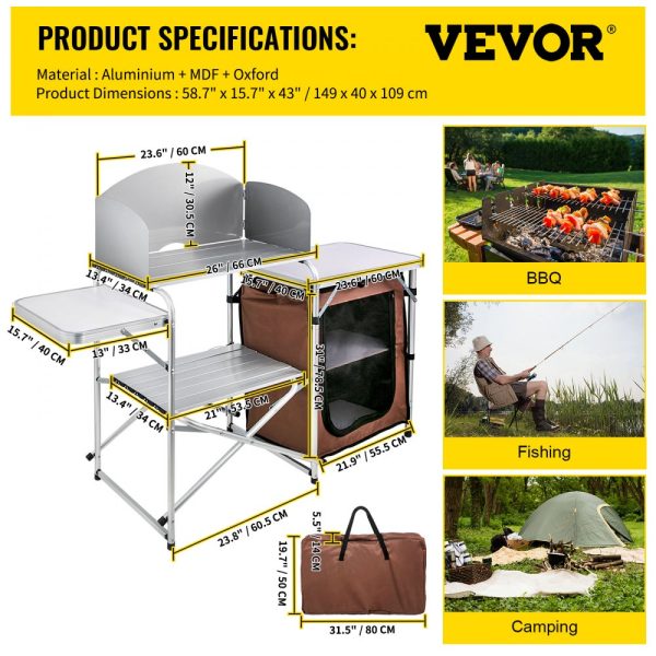 Camping Kitchen Table Picnic Cabinet Folding Cooking Storage Rack Portable Brown - Image 7