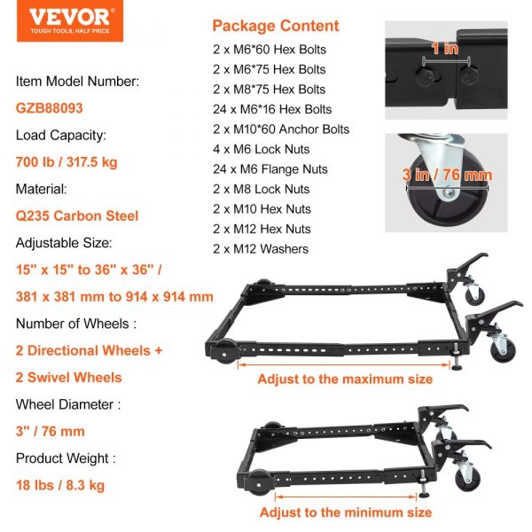 Mobile Base, 700 lbs Capacity, Adjustable from 15x15 to 36x36 inches, Heavy Duty Universal Stand for Woodworking Equipment, Power Tools, with Swivel Wheels - Image 7