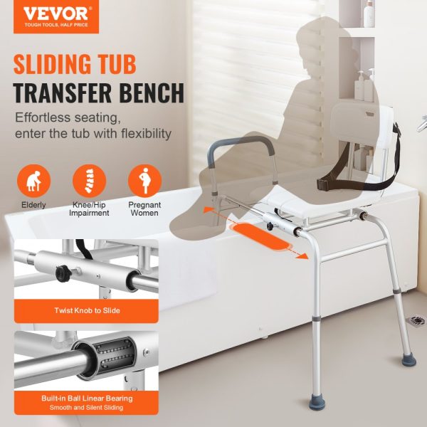 Sliding Tub Transfer Bench Shower Chair & Cut-Out Seat Reversible Backrest - Image 2