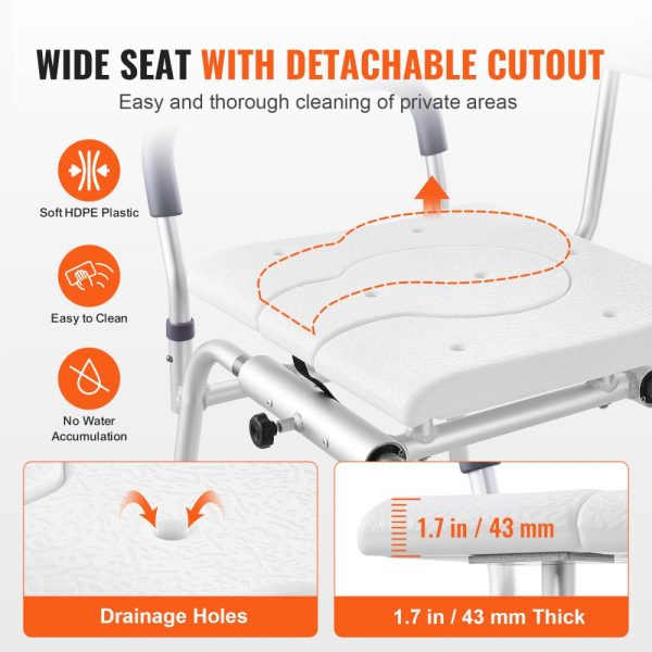 Sliding Tub Transfer Bench Shower Chair & Cut-Out Seat Reversible Backrest - Image 3
