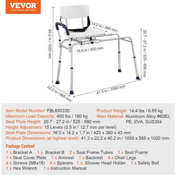Sliding Tub Transfer Bench Shower Chair & Cut-Out Seat Reversible Backrest - Image 7