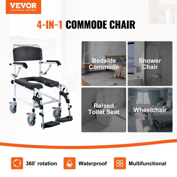 Shower Commode Wheelchair with 4 Lockable Wheels, Footrests, Flip-Up Arms, 3-Level Adjustable, 5L Removable Bucket, 350lbs Capacity - Image 2