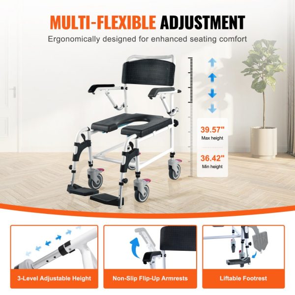 Shower Commode Wheelchair with 4 Lockable Wheels, Footrests, Flip-Up Arms, 3-Level Adjustable, 5L Removable Bucket, 350lbs Capacity - Image 4