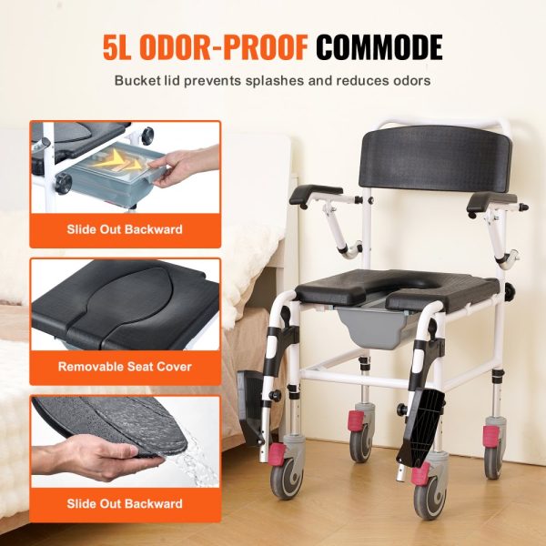 Shower Commode Wheelchair with 4 Lockable Wheels, Footrests, Flip-Up Arms, 3-Level Adjustable, 5L Removable Bucket, 350lbs Capacity - Image 6