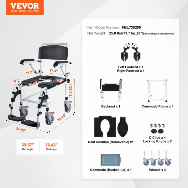Shower Commode Wheelchair with 4 Lockable Wheels, Footrests, Flip-Up Arms, 3-Level Adjustable, 5L Removable Bucket, 350lbs Capacity - Image 7