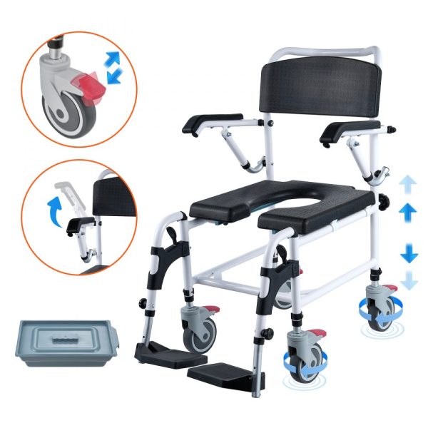 Shower Commode Wheelchair with 4 Lockable Wheels, Footrests, Flip-Up Arms, 3-Level Adjustable, 5L Removable Bucket, 350lbs Capacity