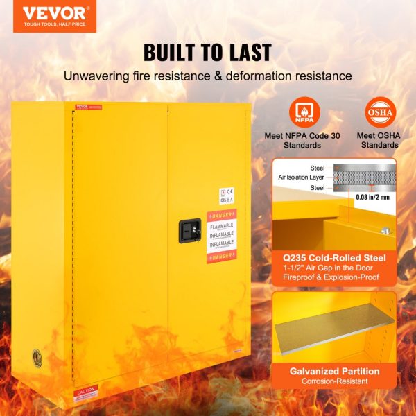 Flammable Storage Cabinet 30 Gal Cold Rolled Steel 43x18x50 Inch Explosion Proof 1 Adjustable Shelf 2 Doors Industrial Use Yellow - Image 2