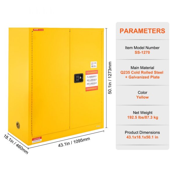 Flammable Storage Cabinet 30 Gal Cold Rolled Steel 43x18x50 Inch Explosion Proof 1 Adjustable Shelf 2 Doors Industrial Use Yellow - Image 3
