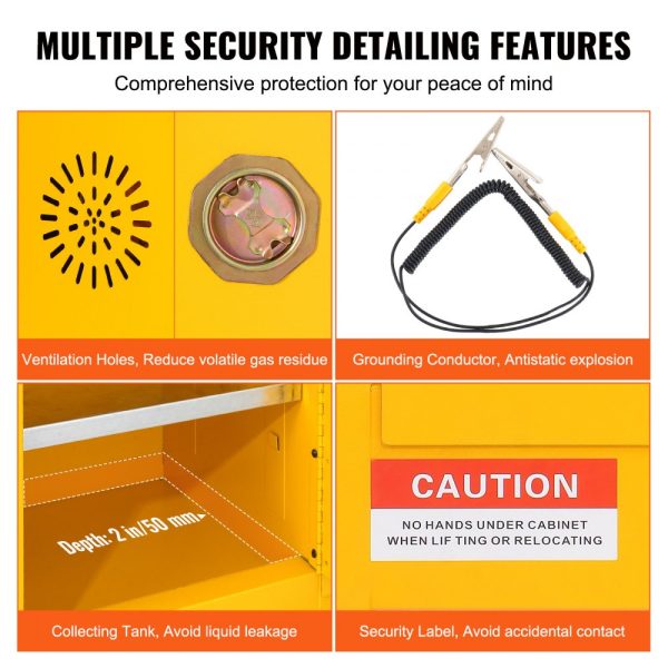 Flammable Storage Cabinet 30 Gal Cold Rolled Steel 43x18x50 Inch Explosion Proof 1 Adjustable Shelf 2 Doors Industrial Use Yellow - Image 4