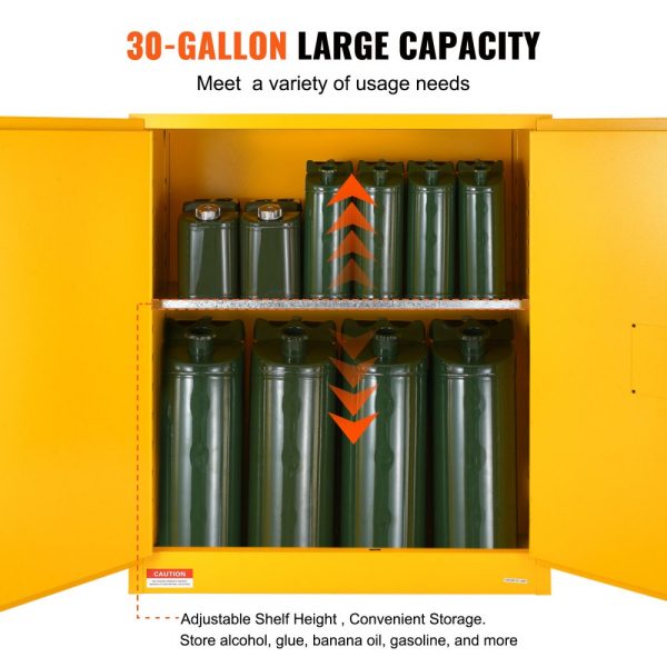 Flammable Storage Cabinet 30 Gal Cold Rolled Steel 43x18x50 Inch Explosion Proof 1 Adjustable Shelf 2 Doors Industrial Use Yellow - Image 5