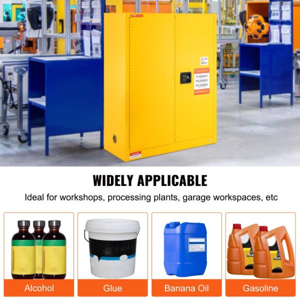 Flammable Storage Cabinet 30 Gal Cold Rolled Steel 43x18x50 Inch Explosion Proof 1 Adjustable Shelf 2 Doors Industrial Use Yellow - Image 7