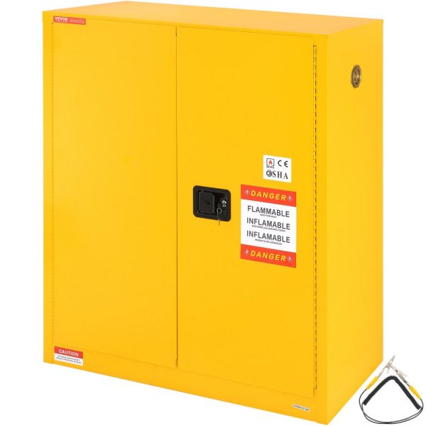 Flammable Storage Cabinet 30 Gal Cold Rolled Steel 43x18x50 Inch Explosion Proof 1 Adjustable Shelf 2 Doors Industrial Use Yellow