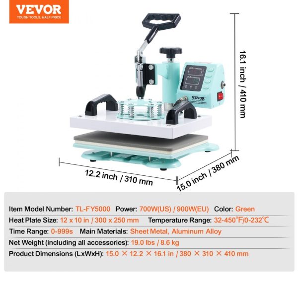 Heat Press Machine 12x10in Heat Transfer Machine for T-Shirts Press Green - Image 7
