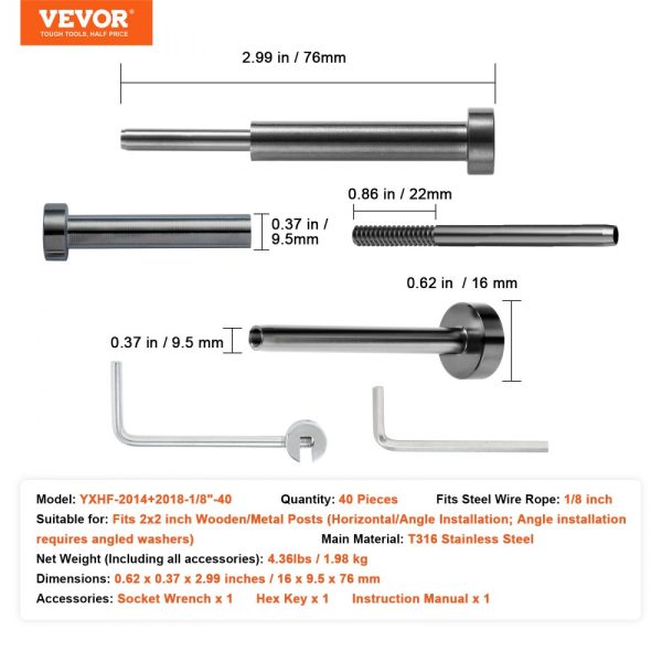 40-Pack Invisible Cable Railing Kit 316 Stainless Steel 1/8 Receiver Swage Stud End for Wood Metal Posts Black - Image 7