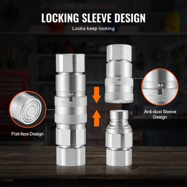 1/2" Flat Face Hydraulic Couplers, 3/4 SAE Skid Steer Hydraulic Quick Connect Couplers with 2 Dust Caps (ISO16028) - Image 3