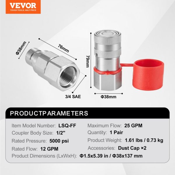 1/2" Flat Face Hydraulic Couplers, 3/4 SAE Skid Steer Hydraulic Quick Connect Couplers with 2 Dust Caps (ISO16028) - Image 7