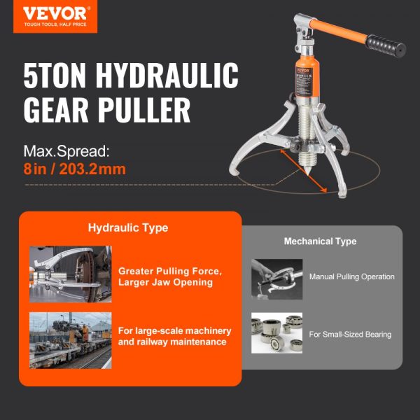 5 Ton Hydraulic Gear Puller with 2 or 3 Jaws for Vertical & Horizontal Use, 8 Jaw Wheel Bearing Separator with Case - Image 2